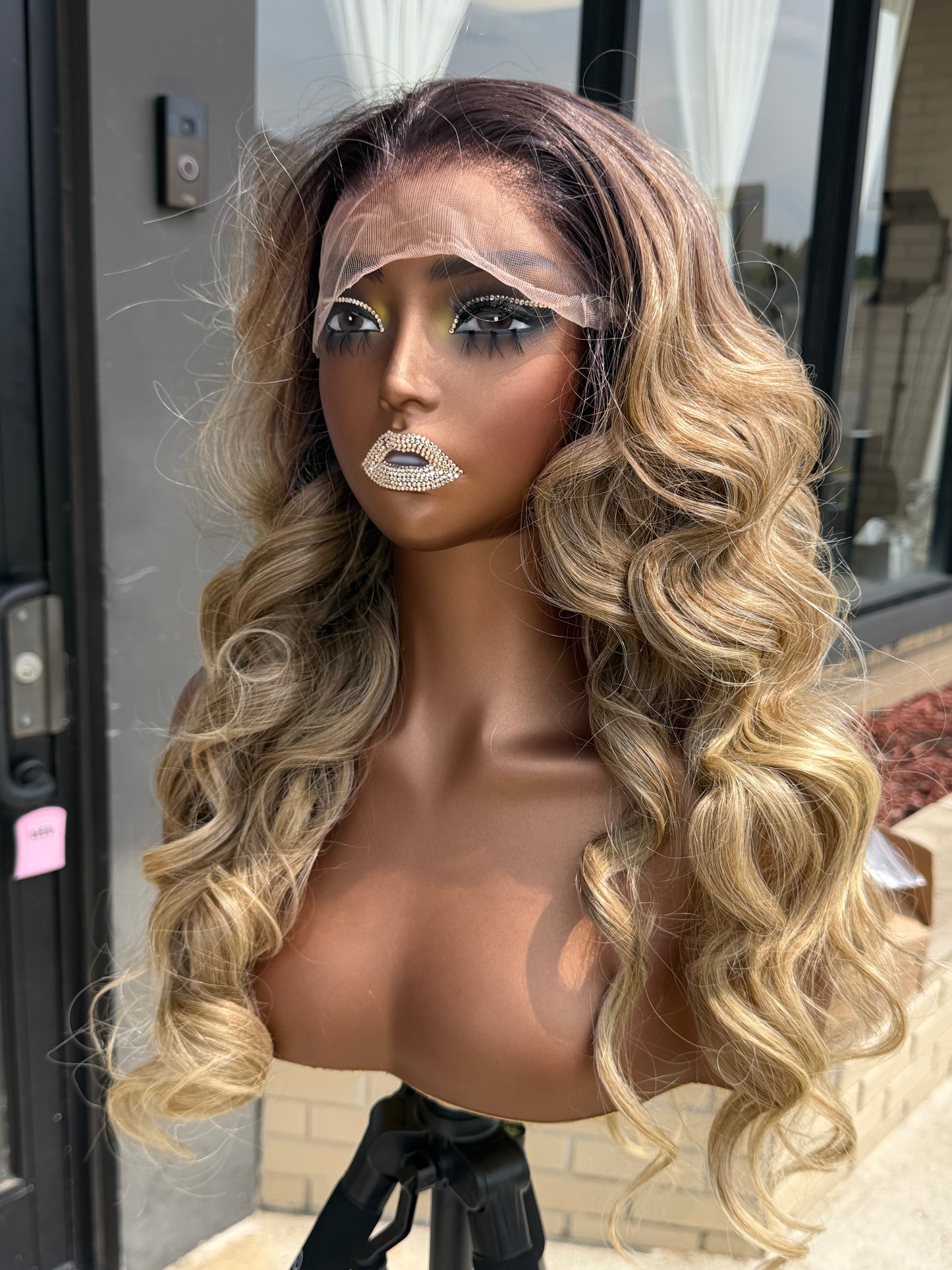 24” Blonde Ombre Curly Human Blend Synthetic Hair 13*6 Transparent Lace Front Wig