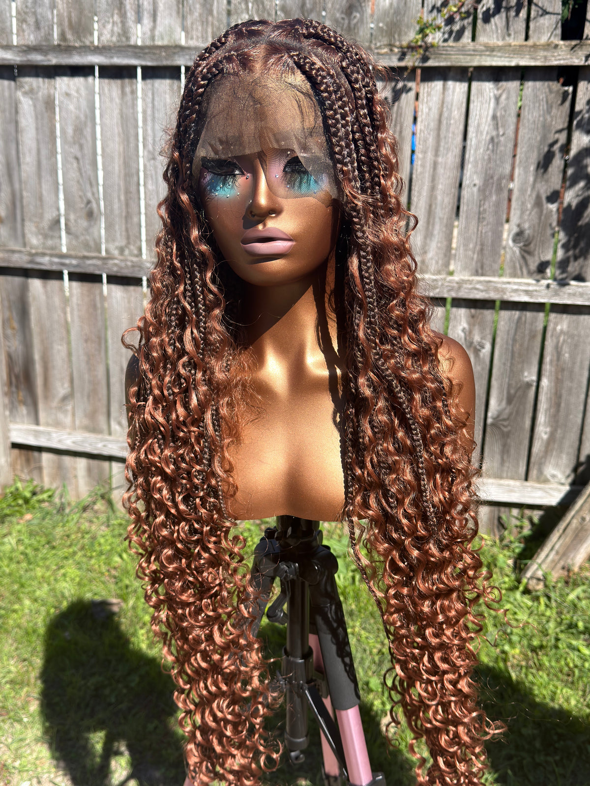 36” Boho Braided Chocolate Brown Full Lace Premium Synthetic Baby Hair Curly Ends Knotless Wig