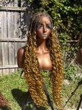 36” Boho Braided Honey Blonde Full Lace Premium Synthetic Baby Hair Curly Ends Knotless Wig