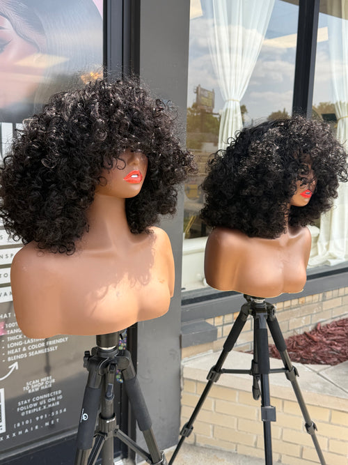 12” Raw Cambodian Curly Human Hair Fringe Bang Full Wig