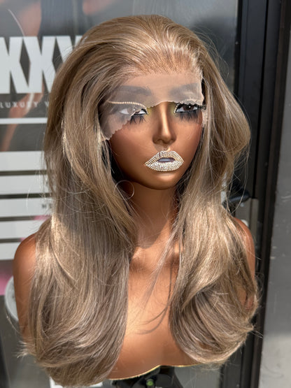 16” Ash Blonde Layered Human Blend Synthetic Hair 13*6 Transparent Lace Front Wig