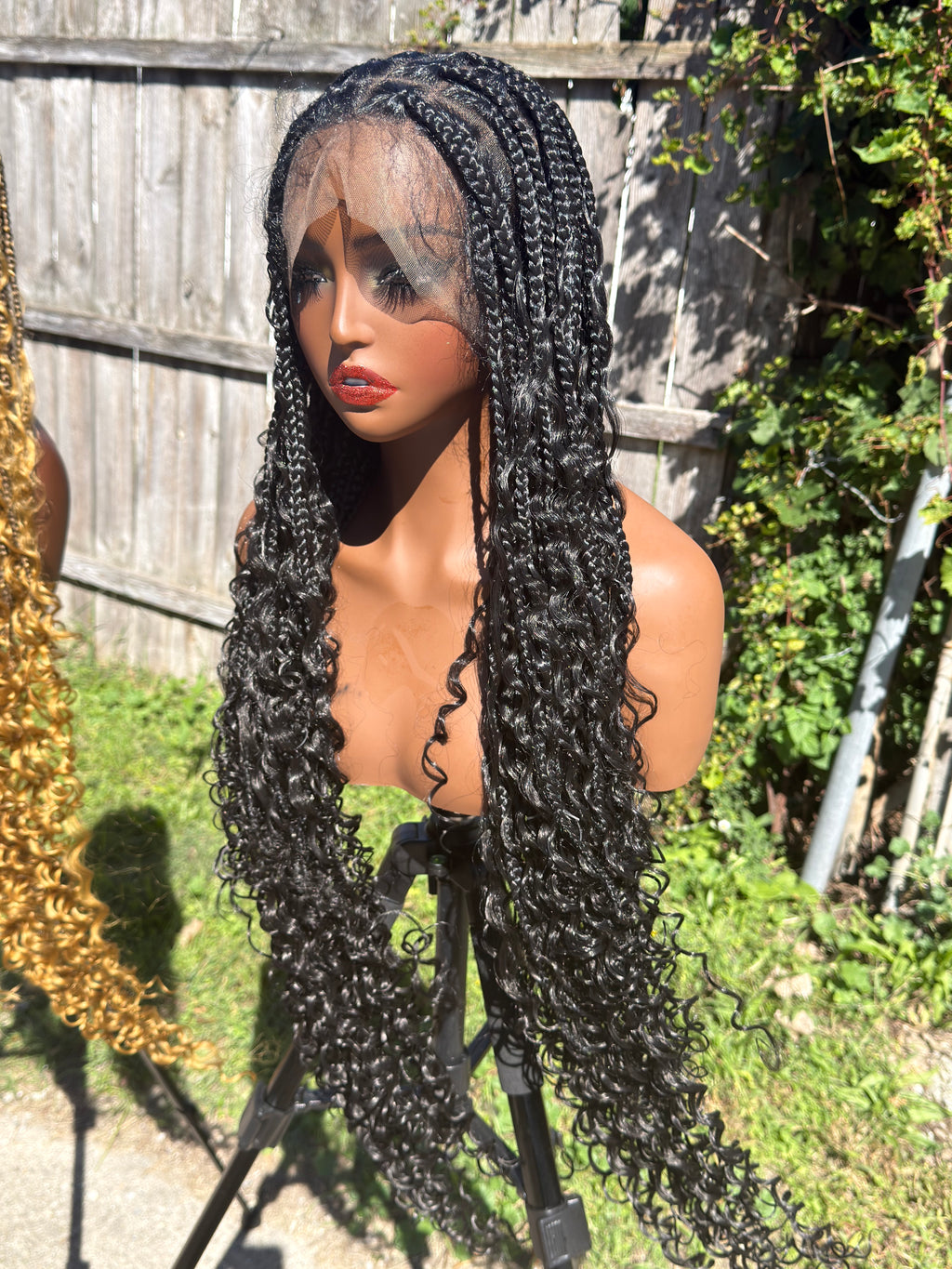 36” Boho Braided Natural Black Full Lace Premium Synthetic Baby Hair Curly Ends Knotless Wig