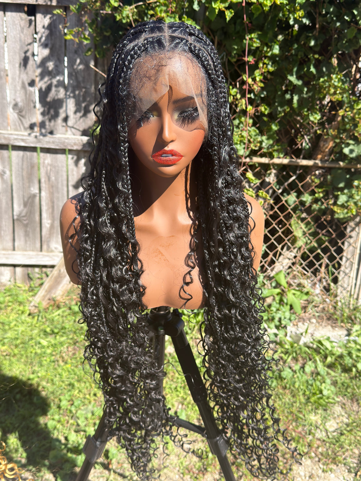36” Boho Braided Natural Black Full Lace Premium Synthetic Baby Hair Curly Ends Knotless Wig