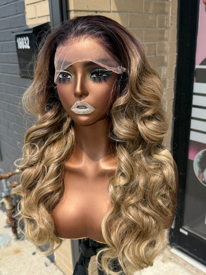 24” Blonde Ombre Curly Human Blend Synthetic Hair 13*6 Transparent Lace Front Wig