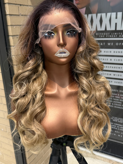 24” Blonde Ombre Curly Human Blend Synthetic Hair 13*6 Transparent Lace Front Wig