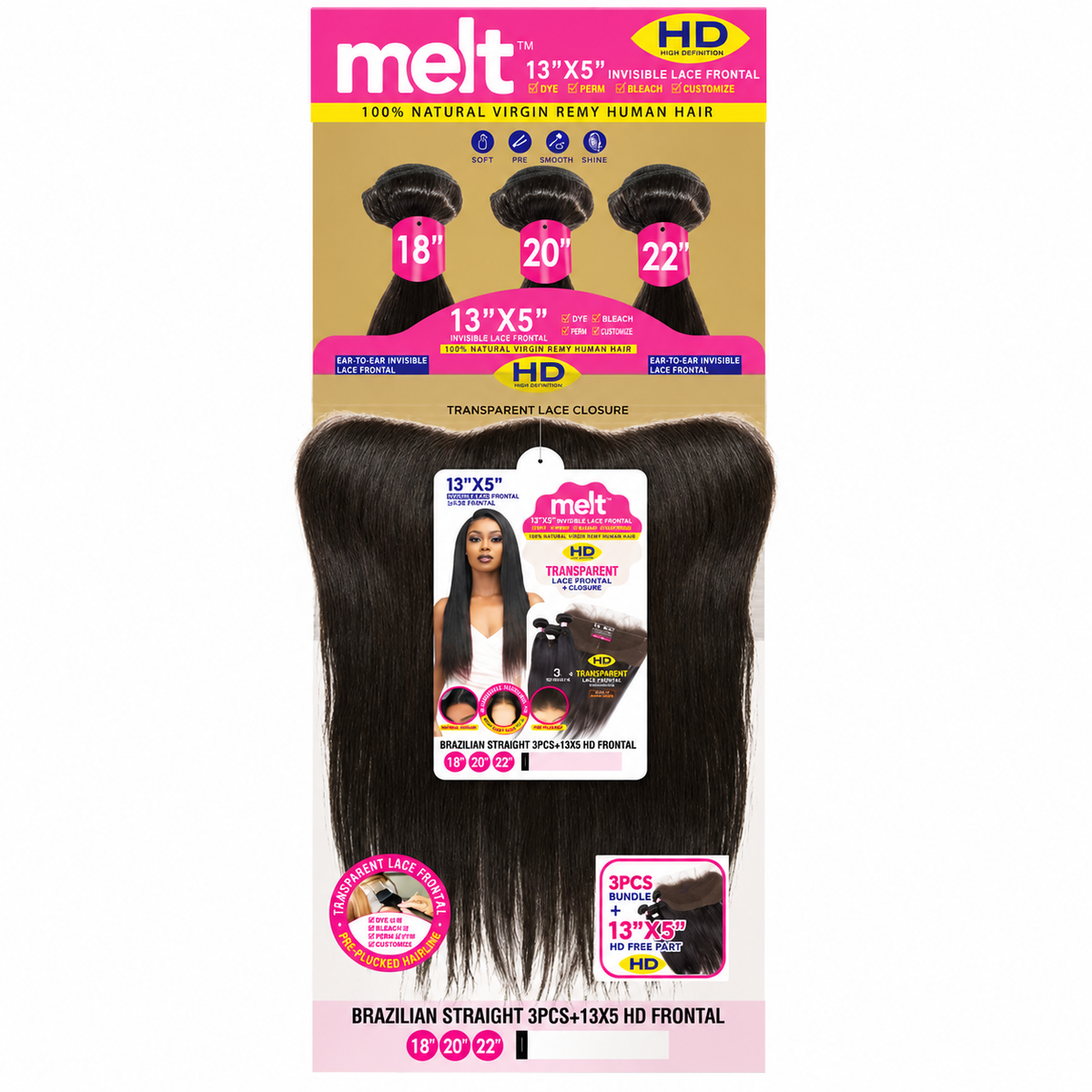 Janet Collection Natural Virgin Remy Human Hair Melt Brazilian Straight 3pcs with 13X5 HD Free Part Lace Frontal Closure-Natural : 18”20”22”