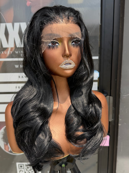 16” Jet Black Layered Human Blend Synthetic Hair 13*6 Transparent Lace Front Wig