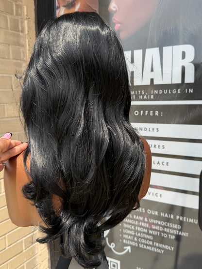 16” Jet Black Layered Human Blend Synthetic Hair 13*6 Transparent Lace Front Wig