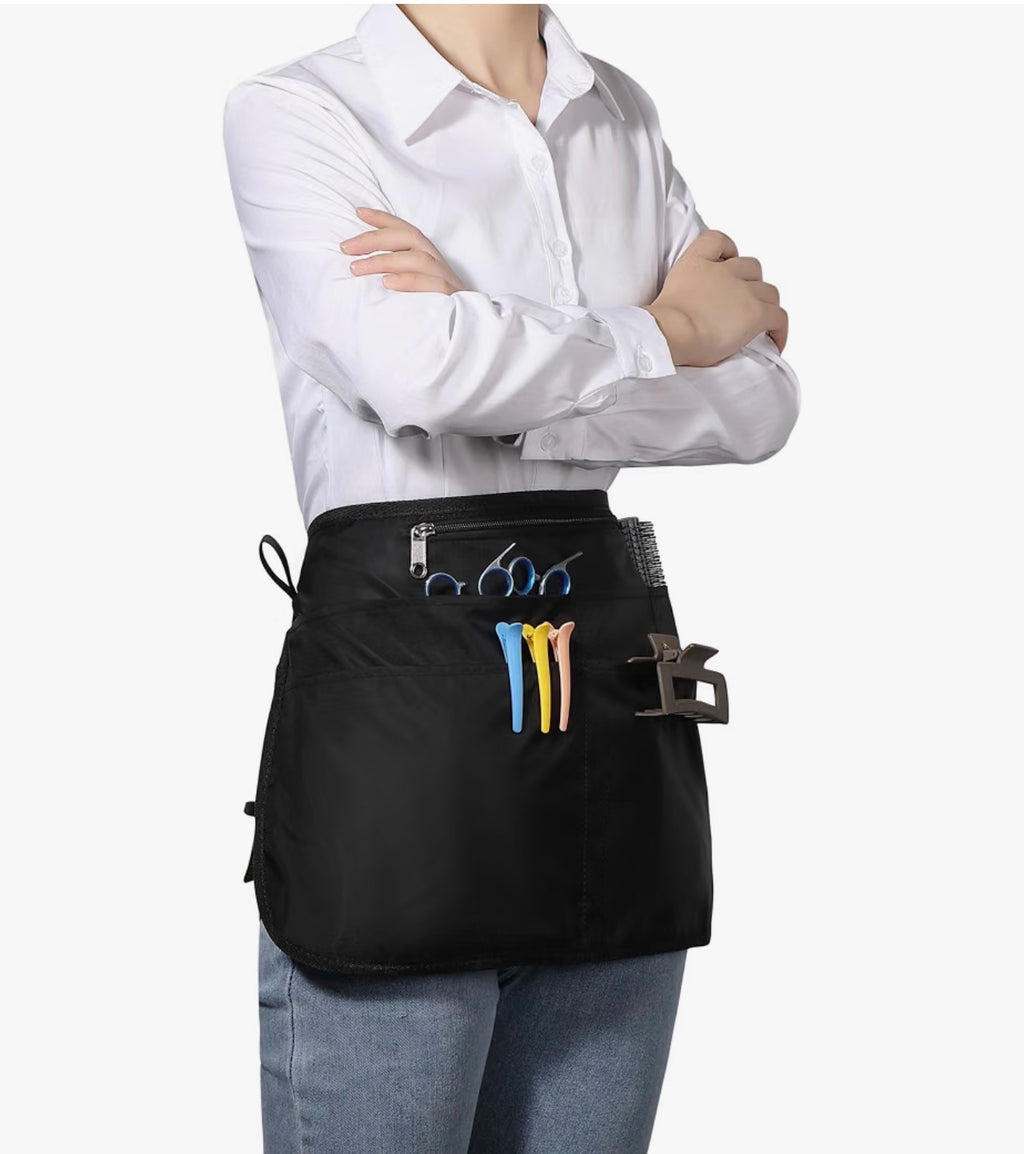 Barber Apron With 6 Pockets Waterproof and Bleach Proof Hair Stylist Apron for Cosmetology Black