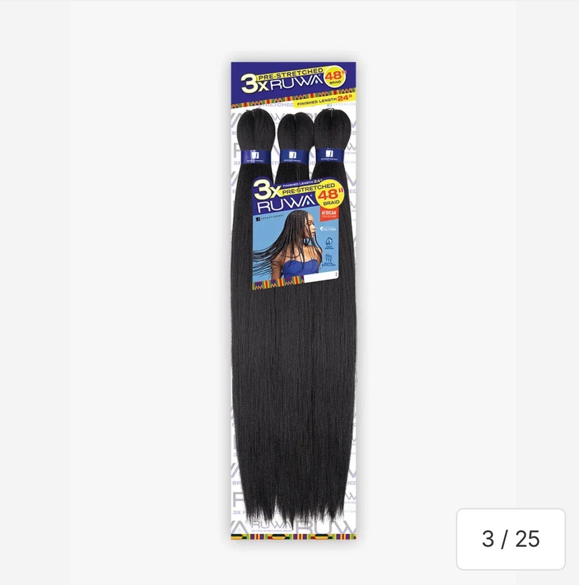 SENSATIONNEL AFRICAN 3X PRE-STRETCHED RUWA BRAID 24" COLOR #1B