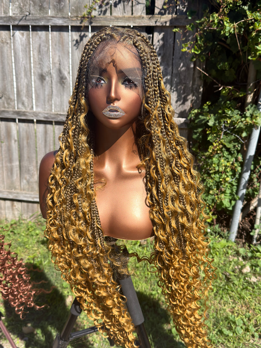 36” Boho Braided Honey Blonde Full Lace Premium Synthetic Baby Hair Curly Ends Knotless Wig
