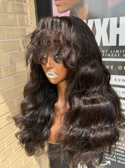 20” Virgin Cambodian Straight Fringe Bang- Human Hair Transparent 13*6 Lace Wig