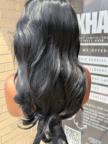 16” Jet Black Layered Human Blend Synthetic Hair 13*6 Transparent Lace Front Wig