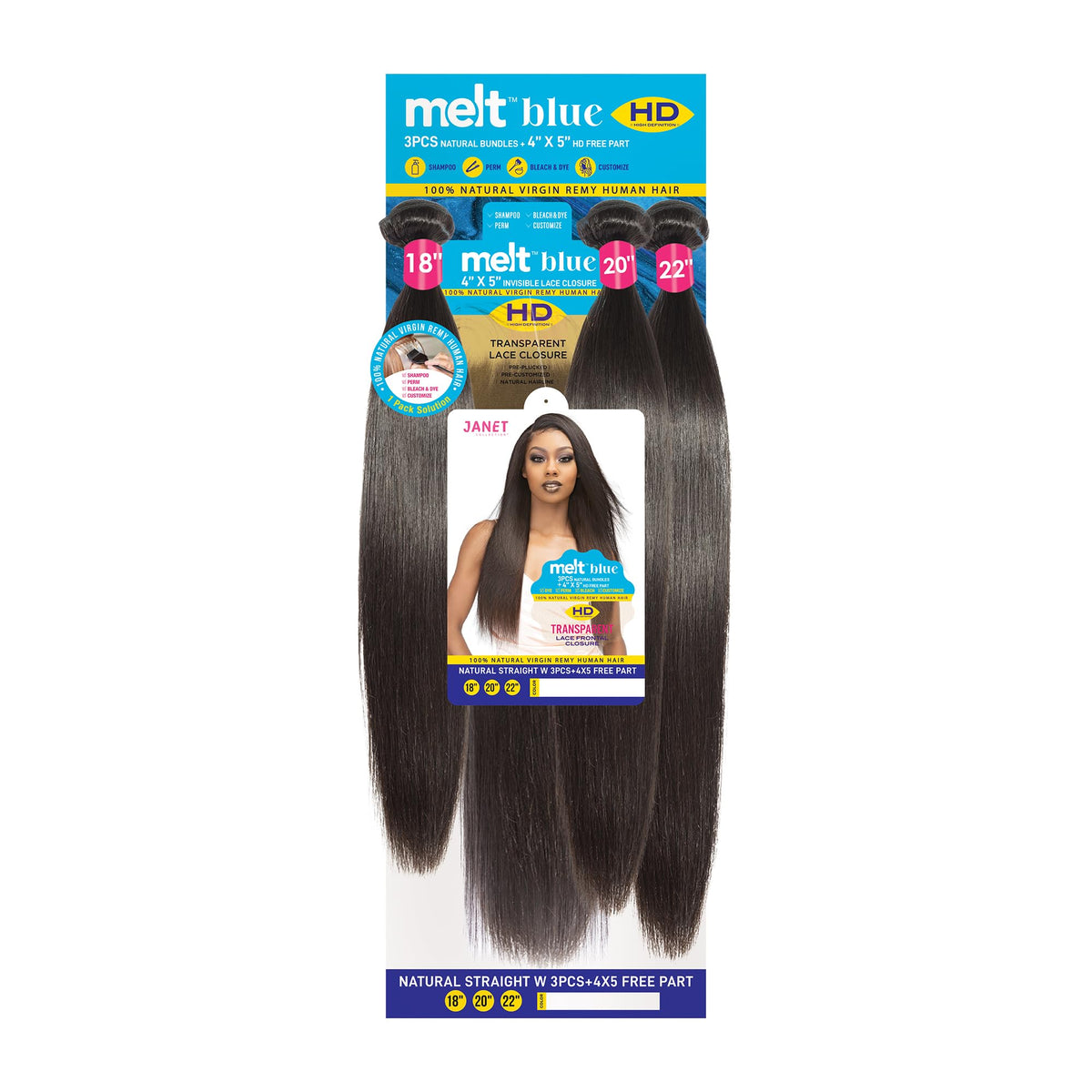 JANET COLLECTION Melt Blue 100% Human Hair NATURAL STRAIGHT Weave 3pcs + 4x5 Free Part Closure Multi Pack 18”20”22”