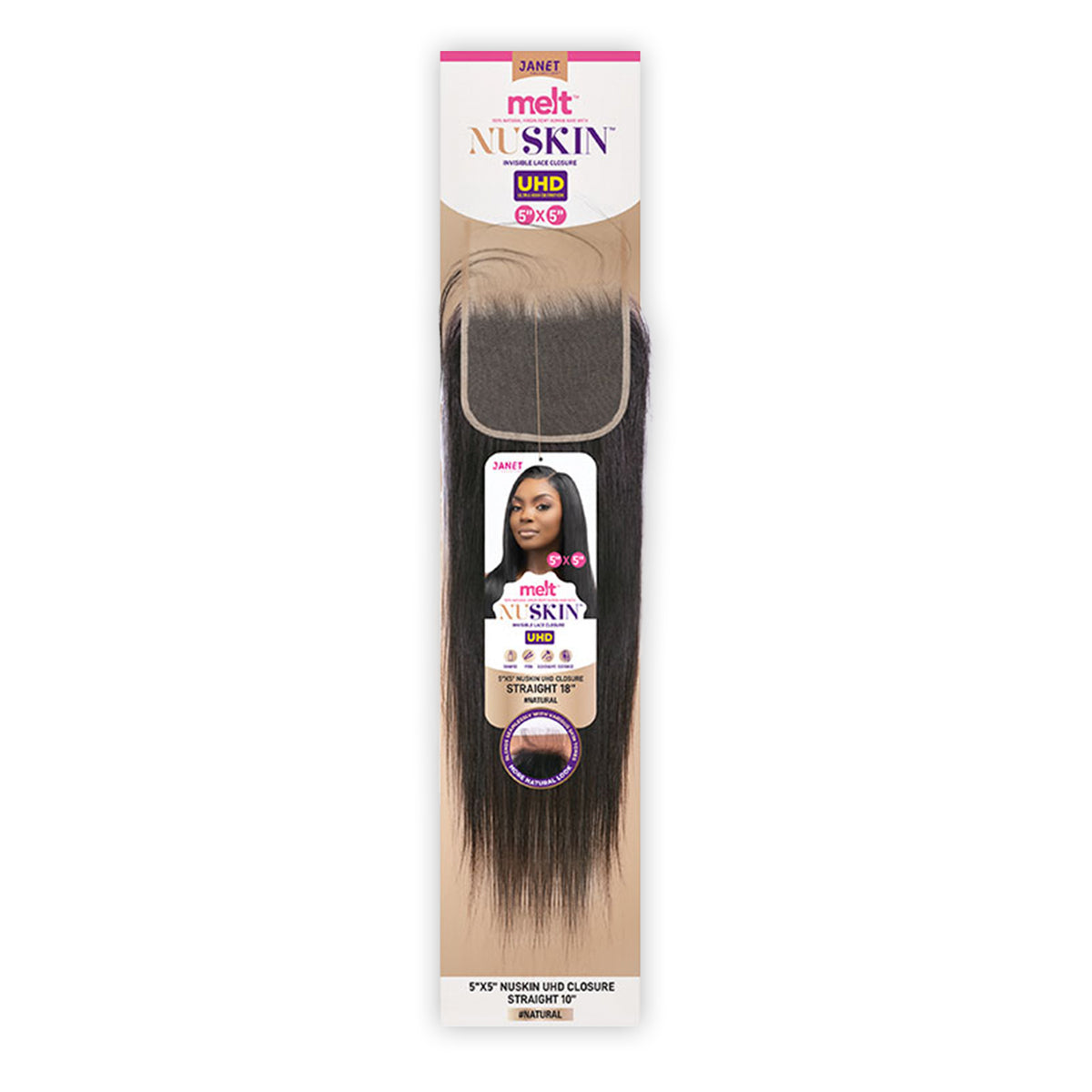 Janet Collection Natural Virgin Remy Human Hair Melt Nuskin 5x5 UHD Lace Closure Straight 12”